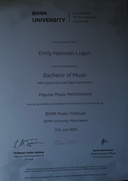 Emily graduated from BIMM