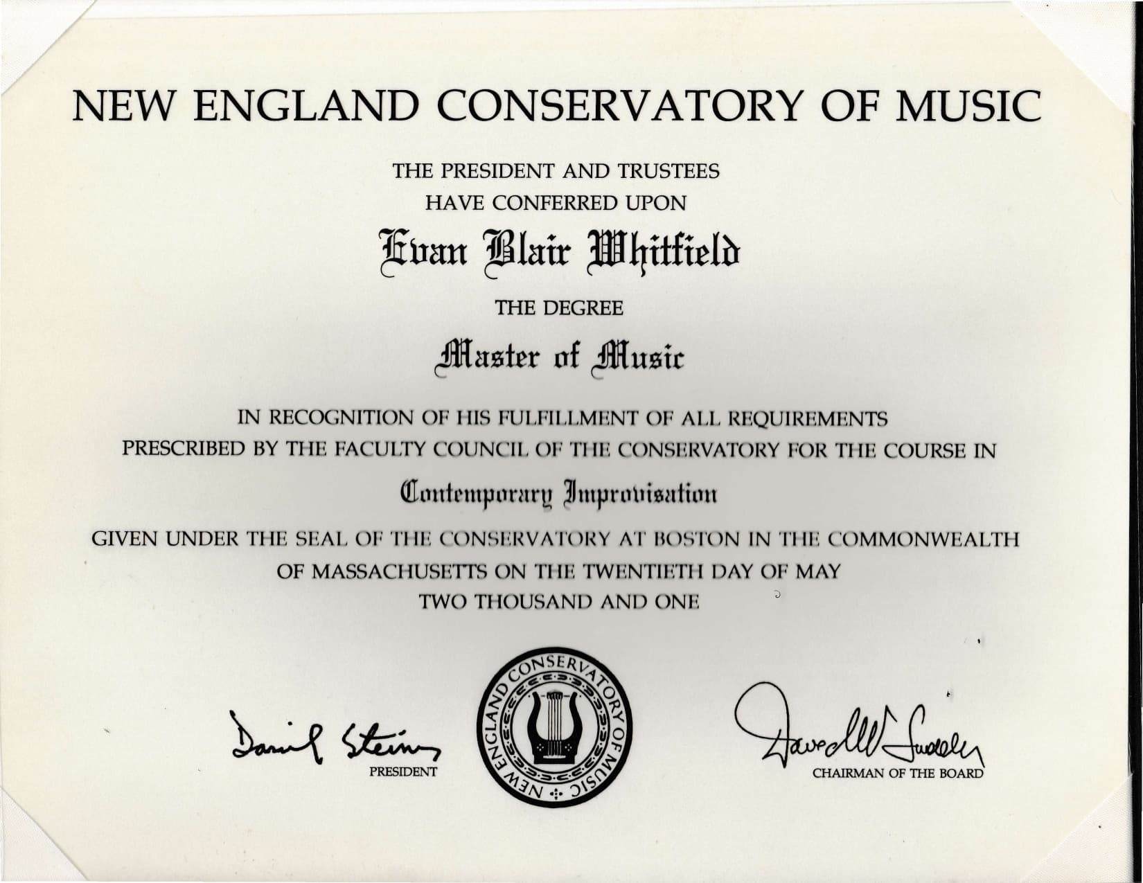 Evan graduated from The New England Conservatory of Music