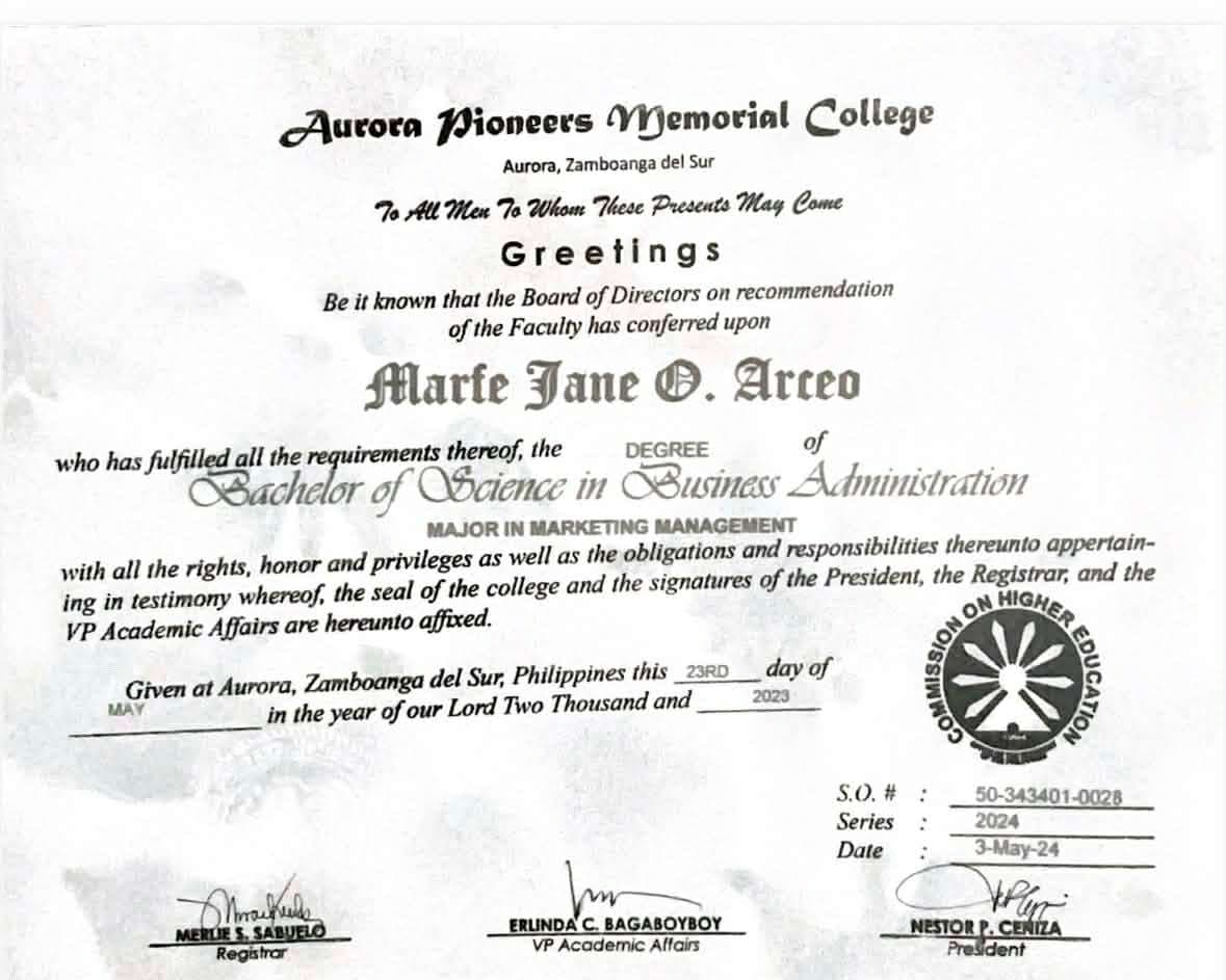 Marfe Jane graduated from Auror Pioneers Memorial College