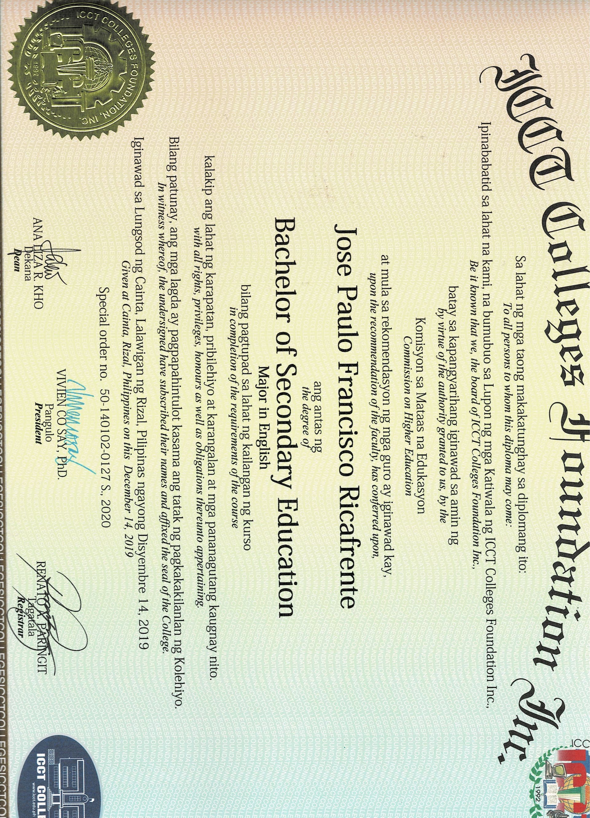 Jose Paulo graduated from ICTT