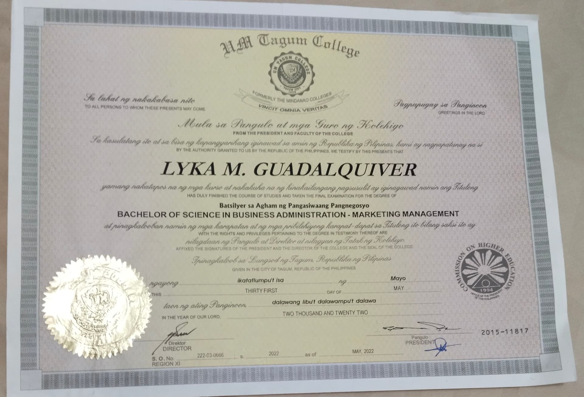 Lyka graduated from UNIVERSITY OF MINDANAO-TAGUM