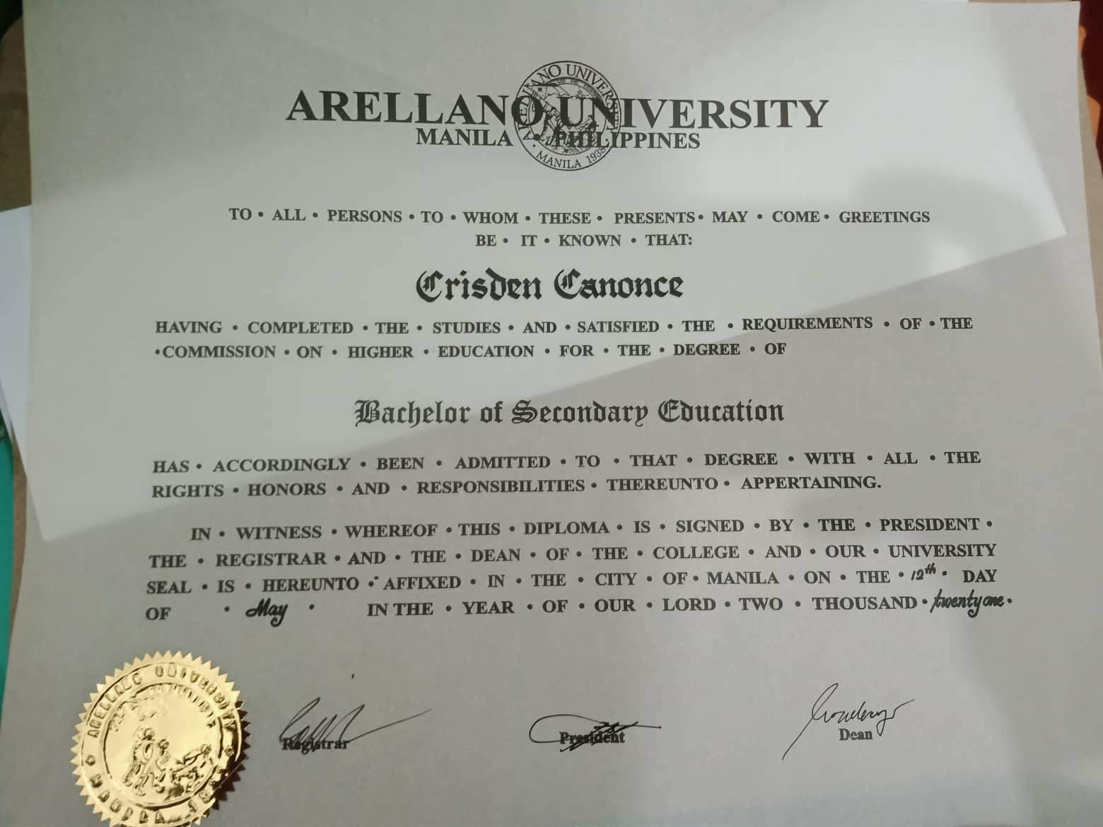 Crisden graduated from Arellano University- Manila, Philippines