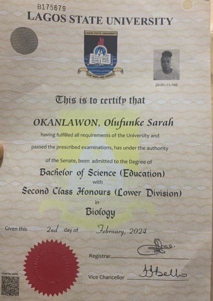 Olufunke graduated from Lagos State University