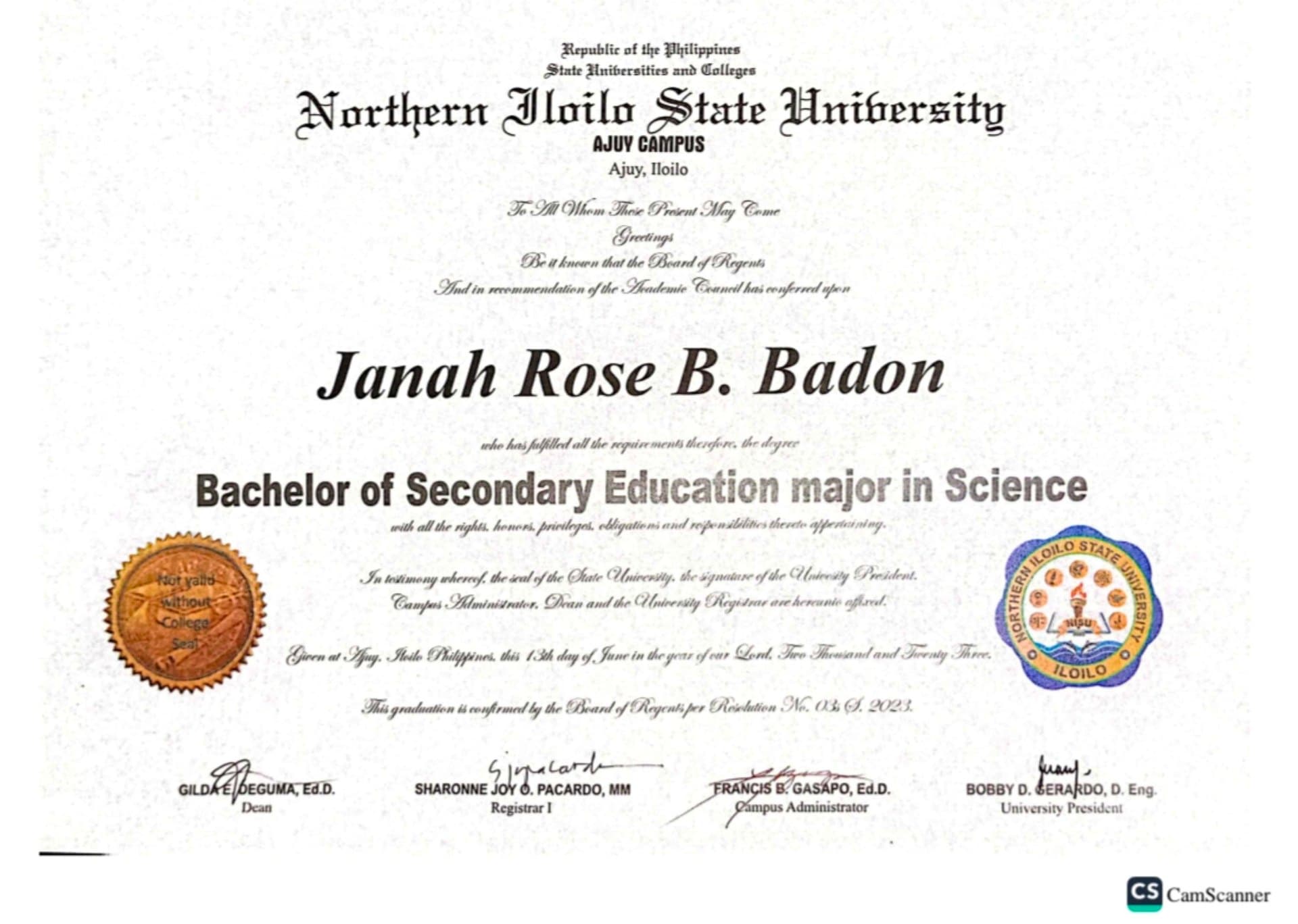 Janah Rose graduated from Northern Iloilo State University