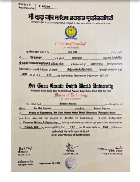 Tamana graduated from Sri Guru Granth Sahib World University