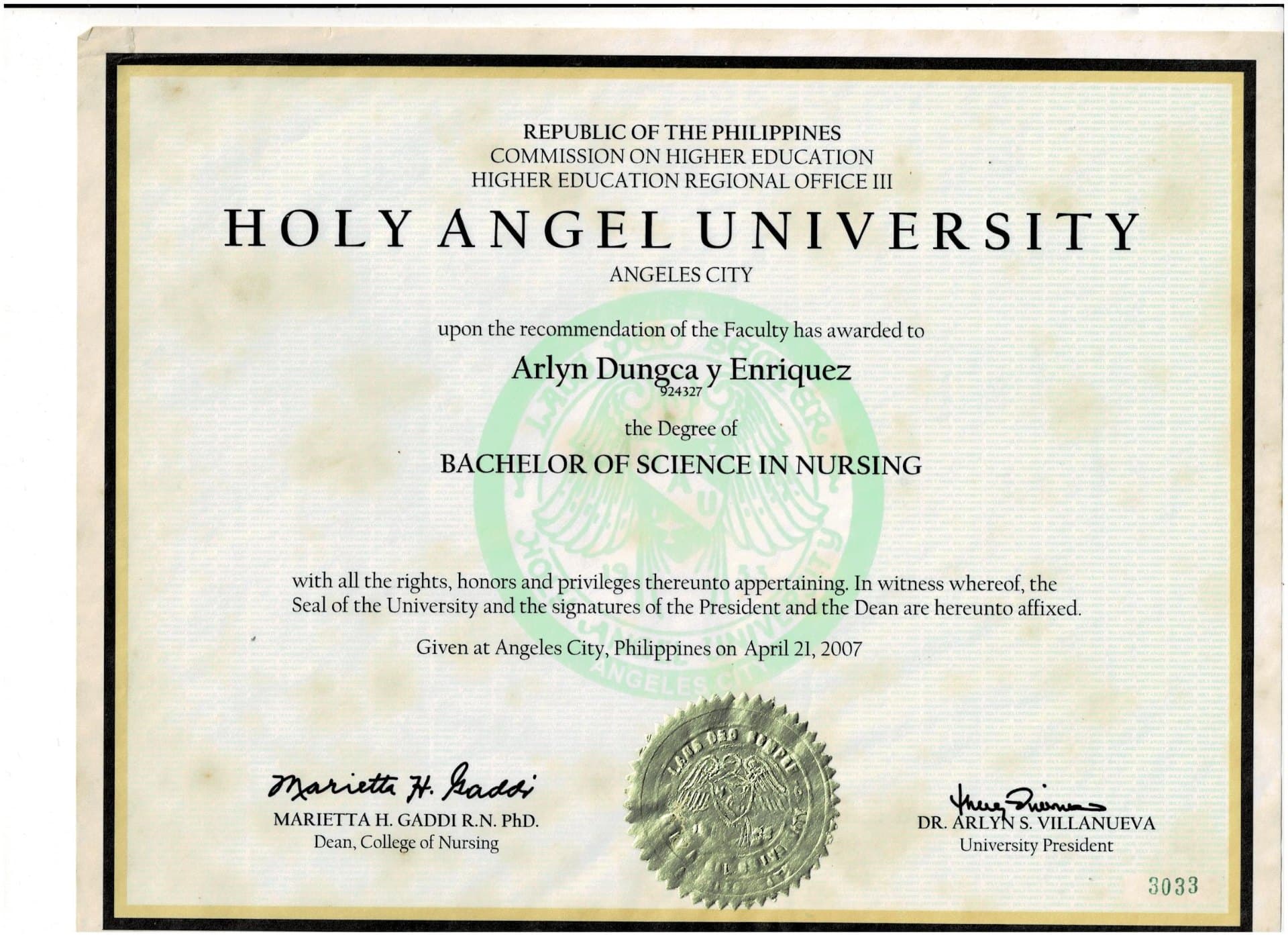 Arlyn graduated from Holy Angel University