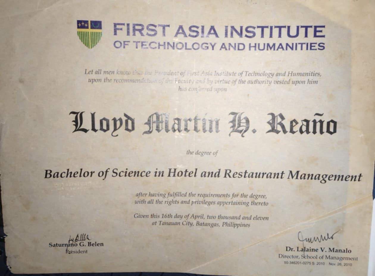 Lloyd Martin graduated from First Asia Institute of Technology and Humanities
