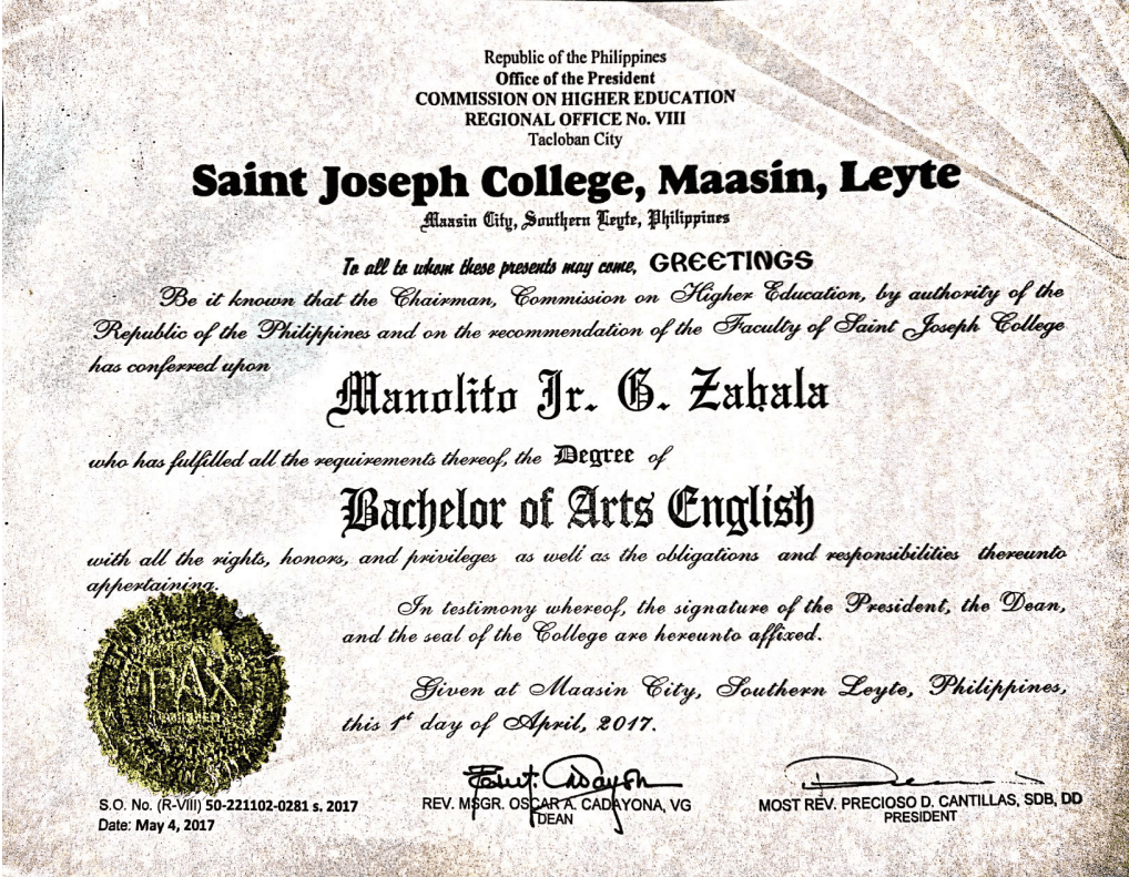 Manolito Jr graduated from Saint Joseph College