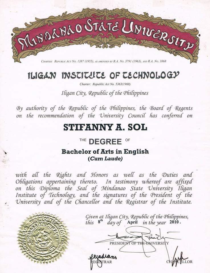 STIFANNY graduated from MINDANAO STATE UNIVERSITY - ILIGAN INSTITUTE OF TECHNOLOGY
