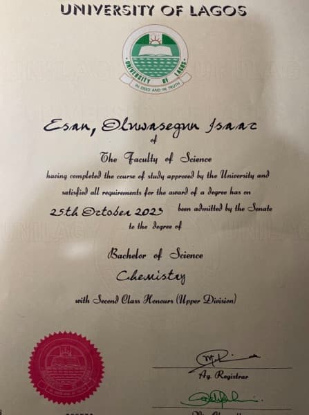 Oluwasegun graduated from University of Lagos