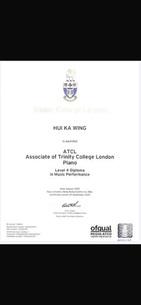 Hui graduated from Associate of Trinity College London