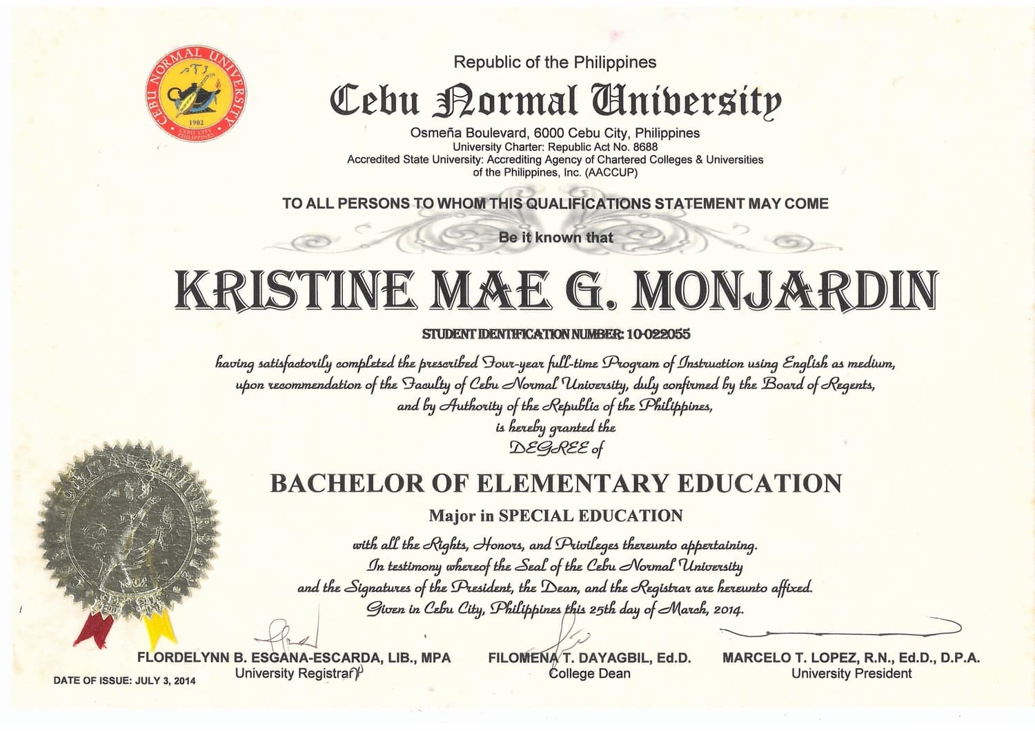 KRISTINE MAE graduated from Cebu Normal University