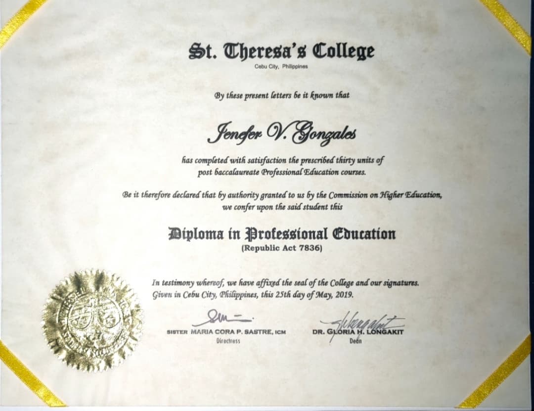 Jenefer graduated from St. Theresa's College of Cebu