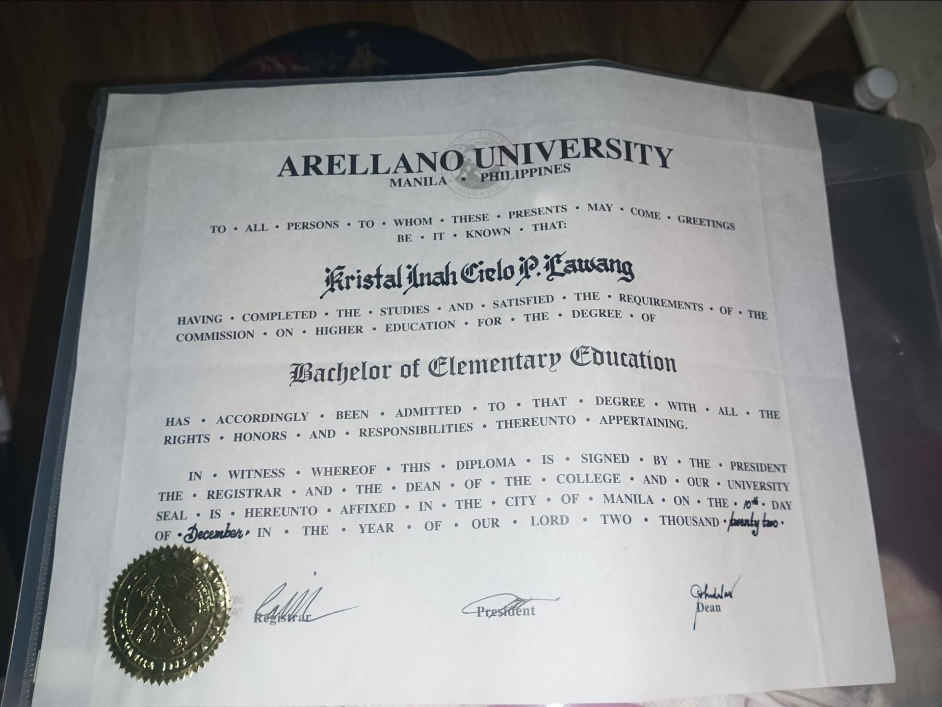Kristal Inah Cielo graduated from Arellano University