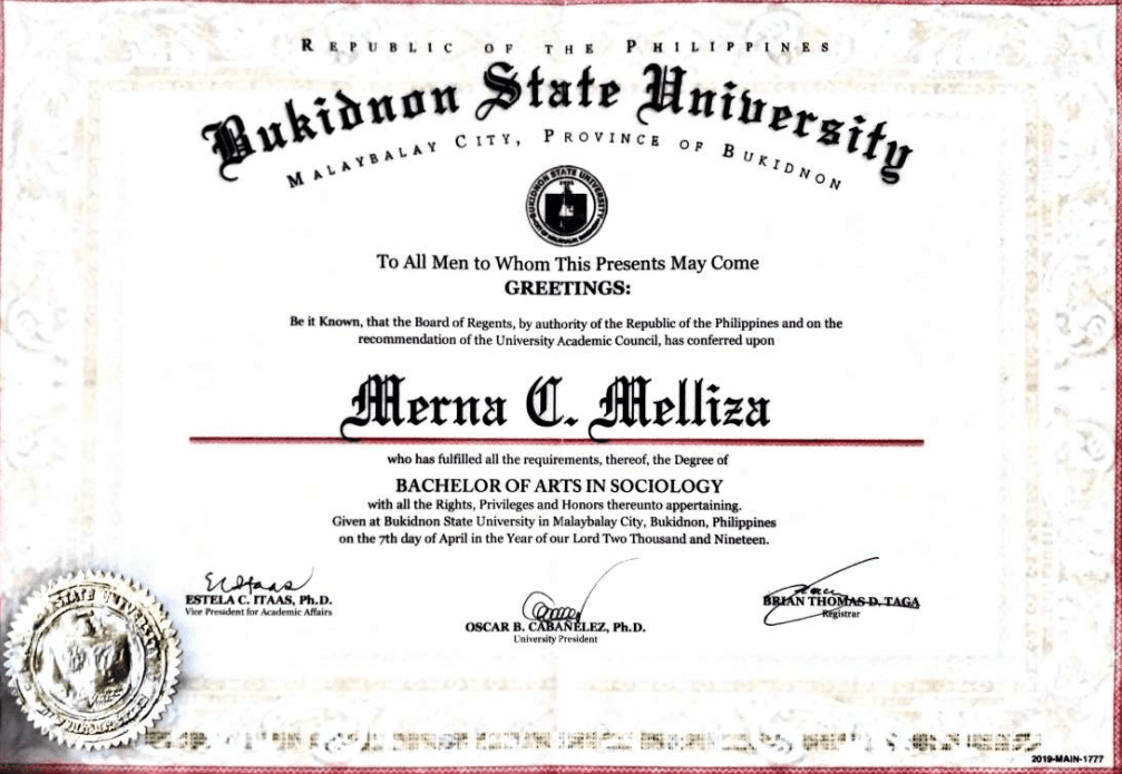 Merna graduated from Bukidnon State University