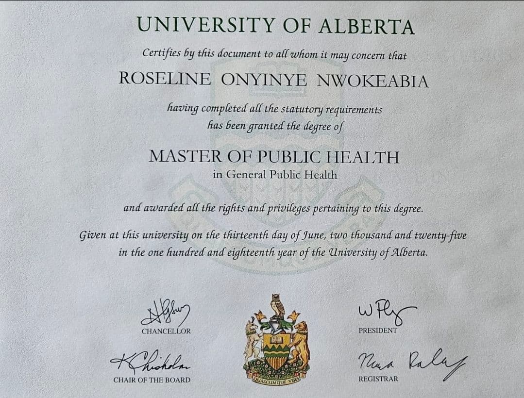 Roseline graduated from University of Alberta Canada