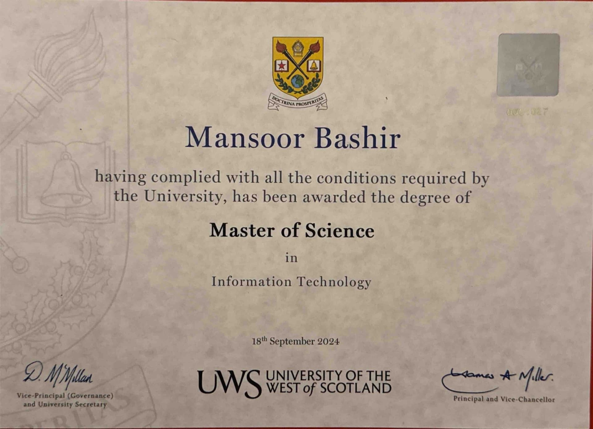 Mansoor graduated from University of The West of Scotland