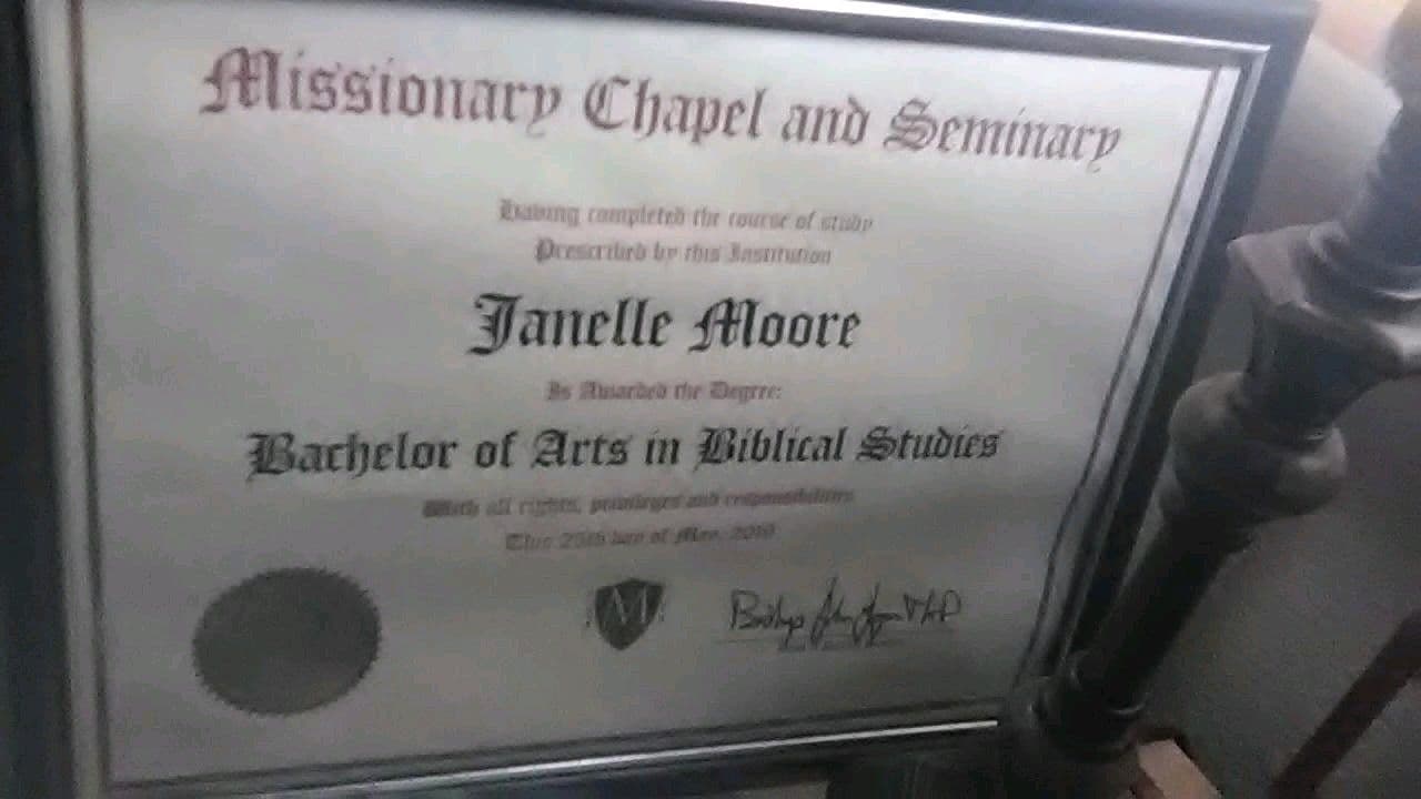Janelle graduated from Missionary chapel and Seminary