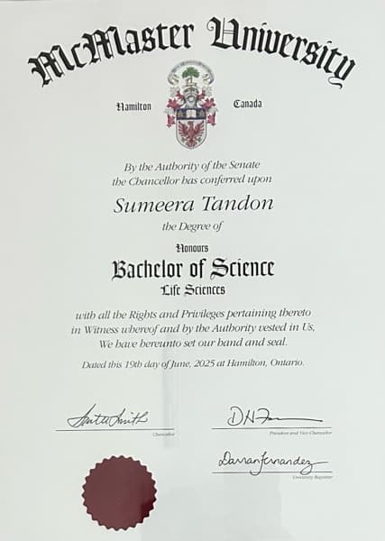 Sumeera graduated from McMaster University