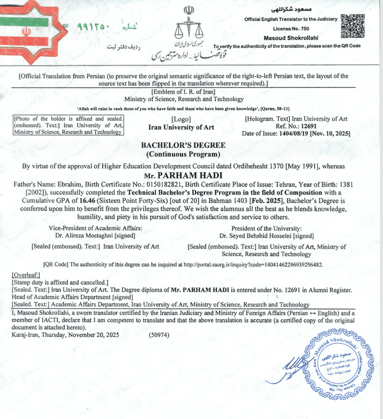 Parham graduated from Iran University of Art