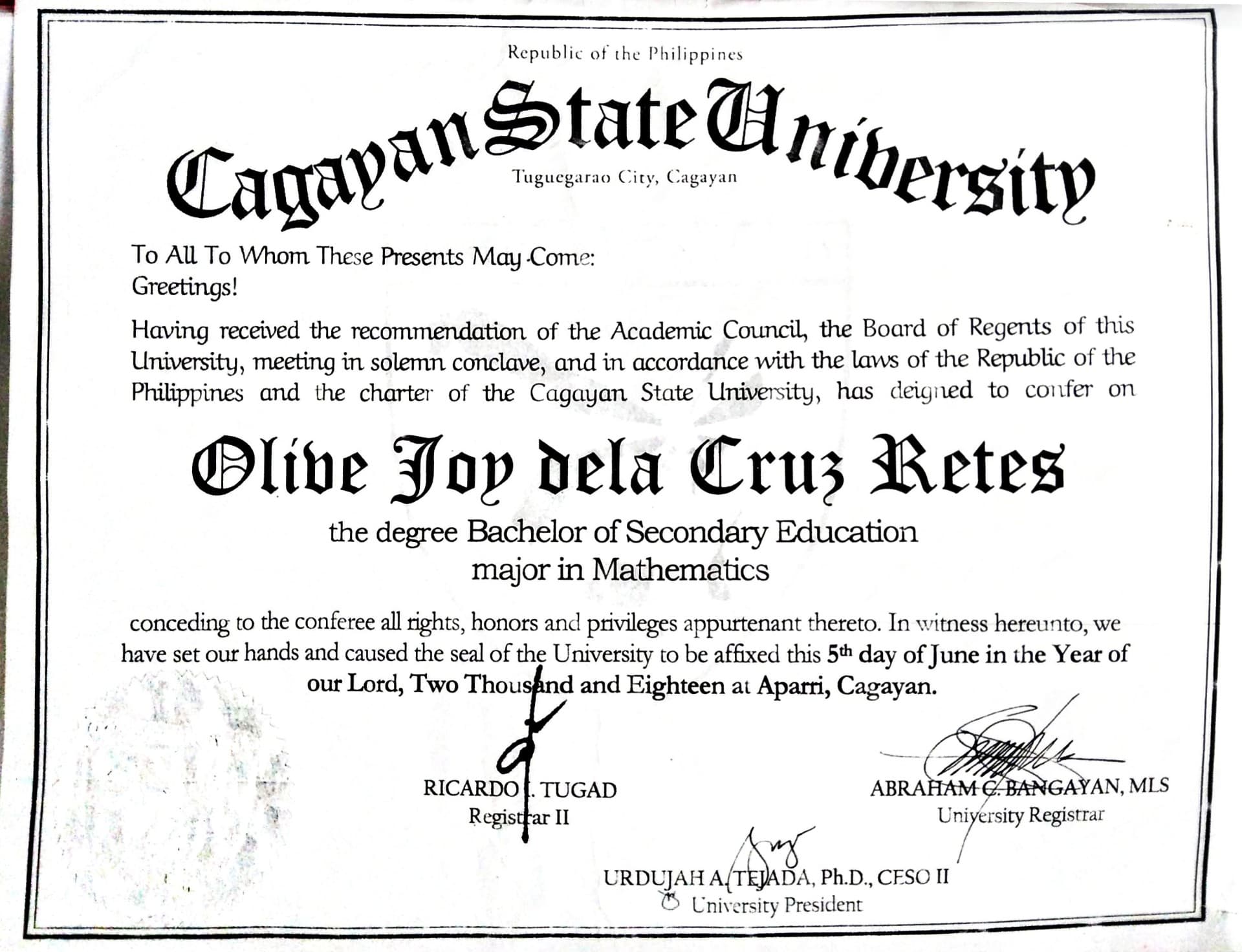 Certificates of Olive Joy