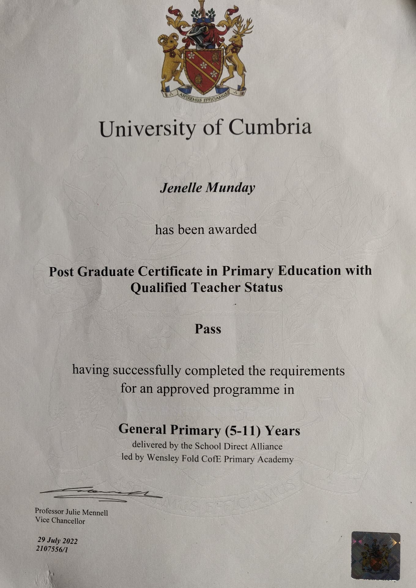 Jenelle graduated from University of Cumbria