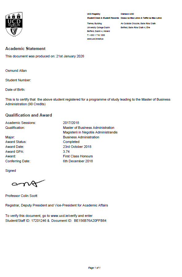 Osmund graduated from University College Dublin