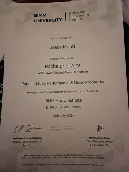 Grace graduated from BIMM university