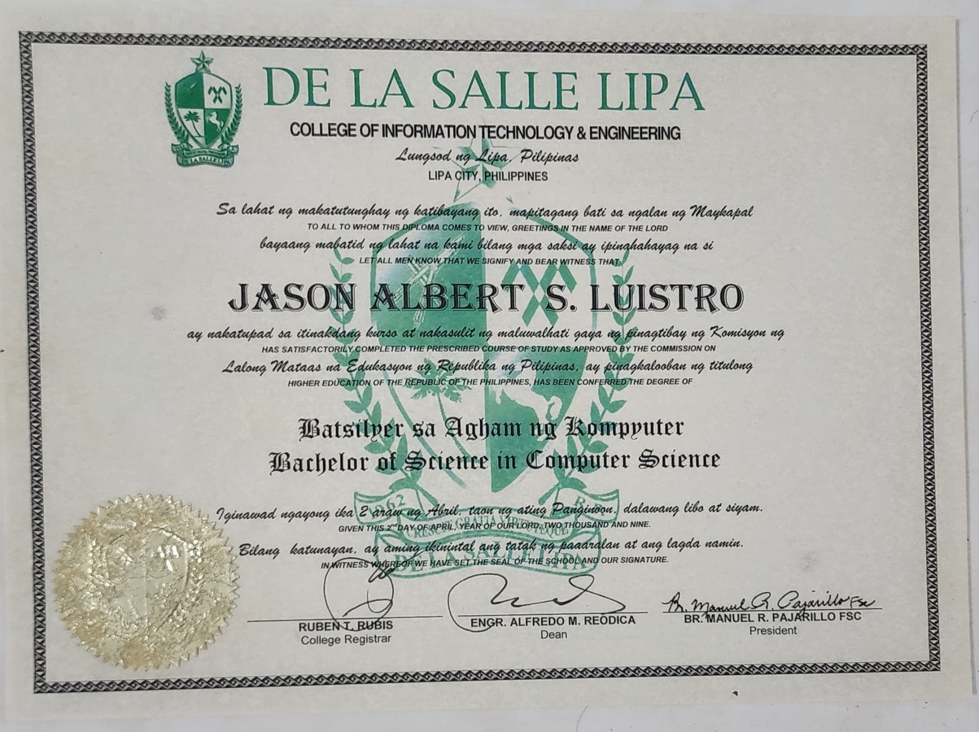Jason Albert graduated from De La Salle Lipa