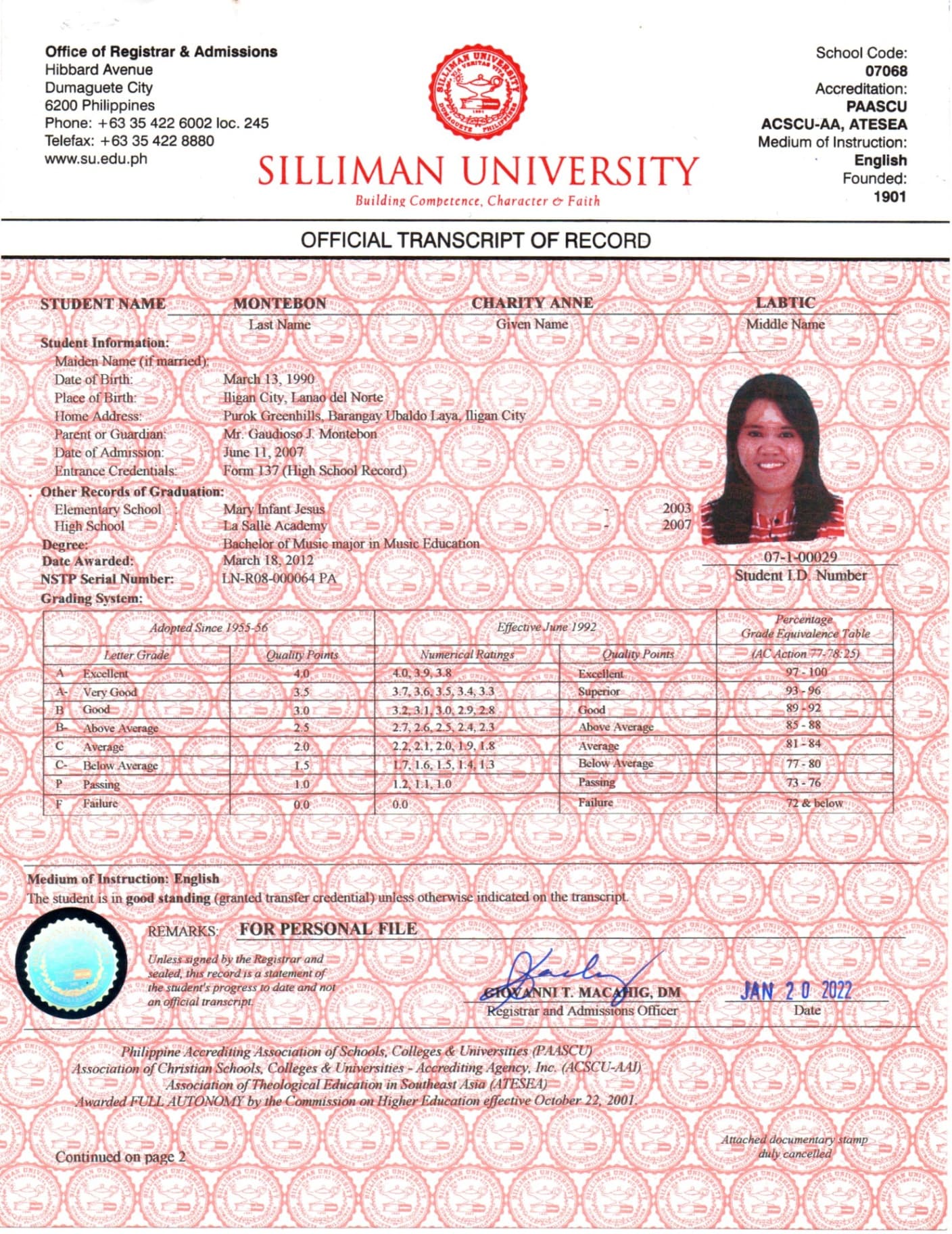 Charity graduated from Silliman University