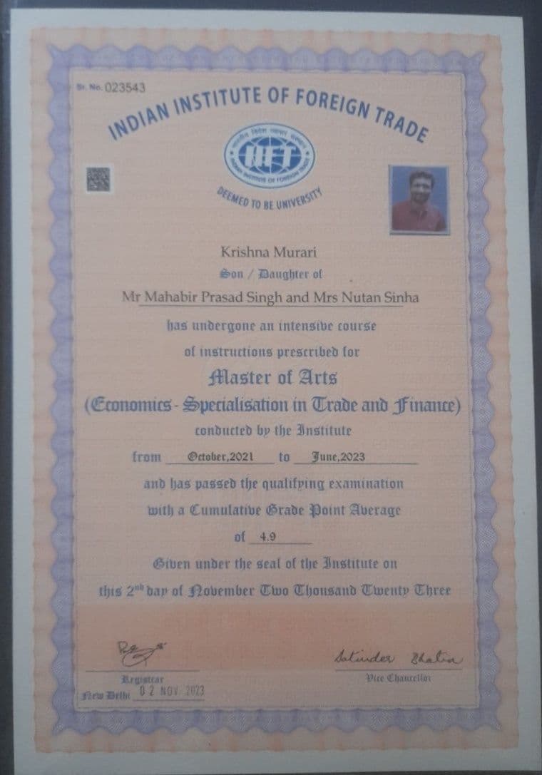 Krishna graduated from Indian institute of foreign trade