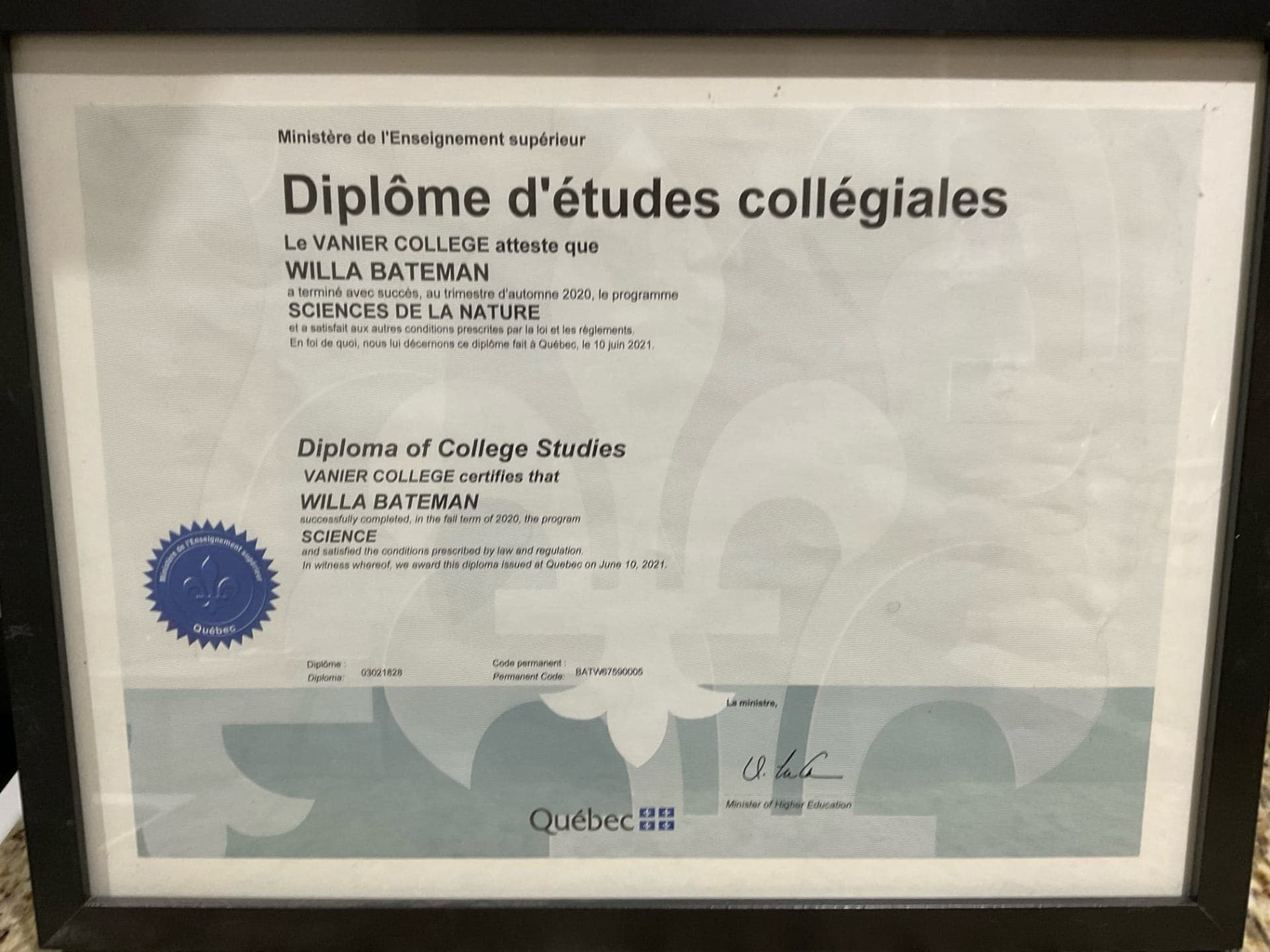 Willa graduated from Vanier College