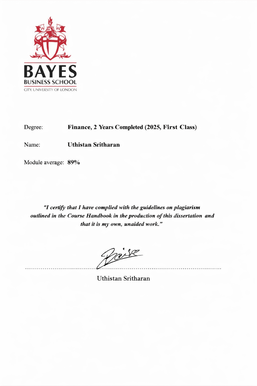Uthistan graduated from Bayes Business School