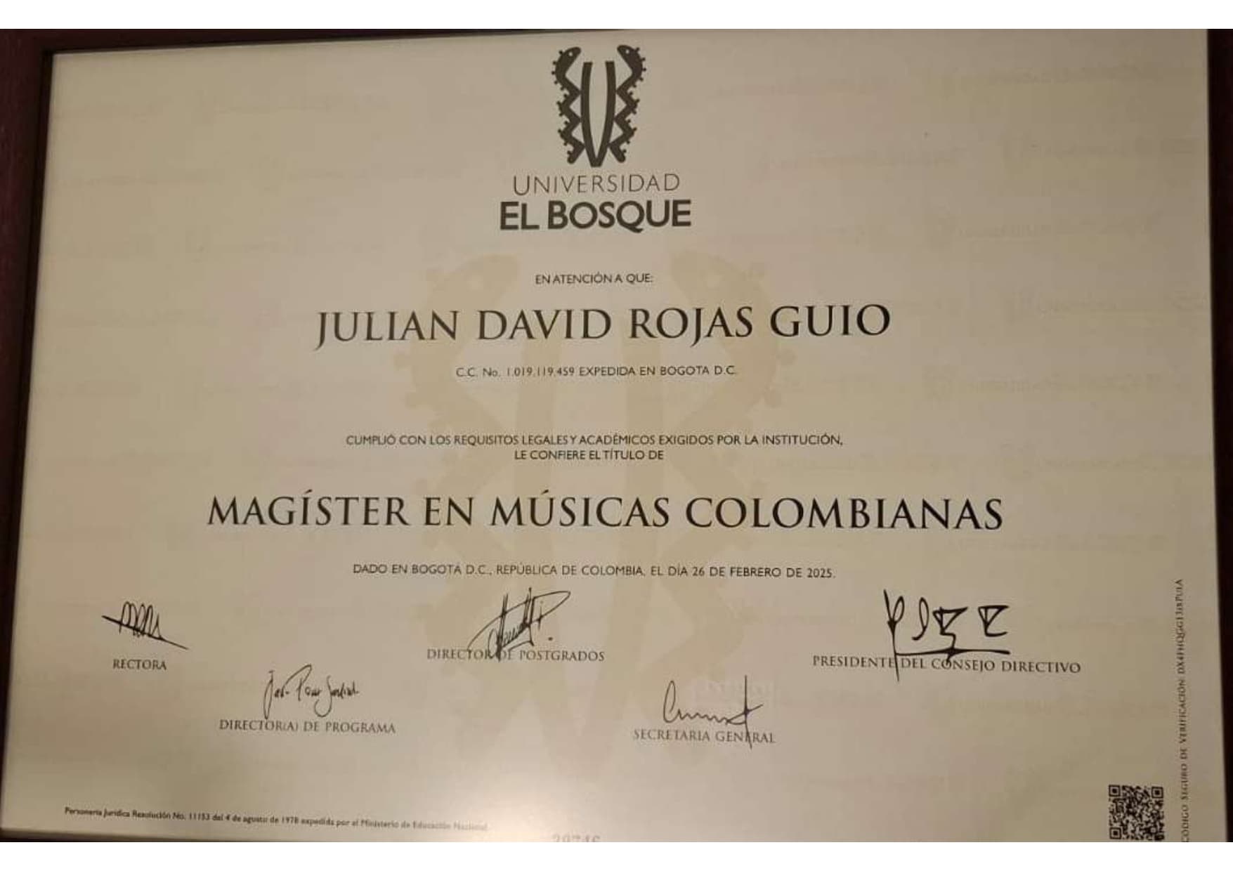 Julian graduated from Universidad El Bosque