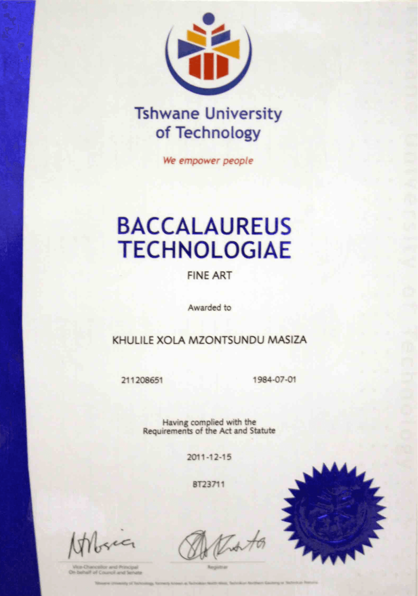 Khulile graduated from Tshwane University of Technology