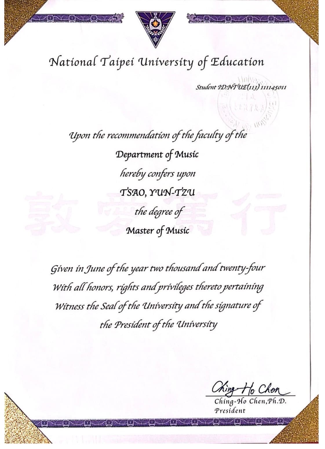 Crystal graduated from National Taipei University of Education