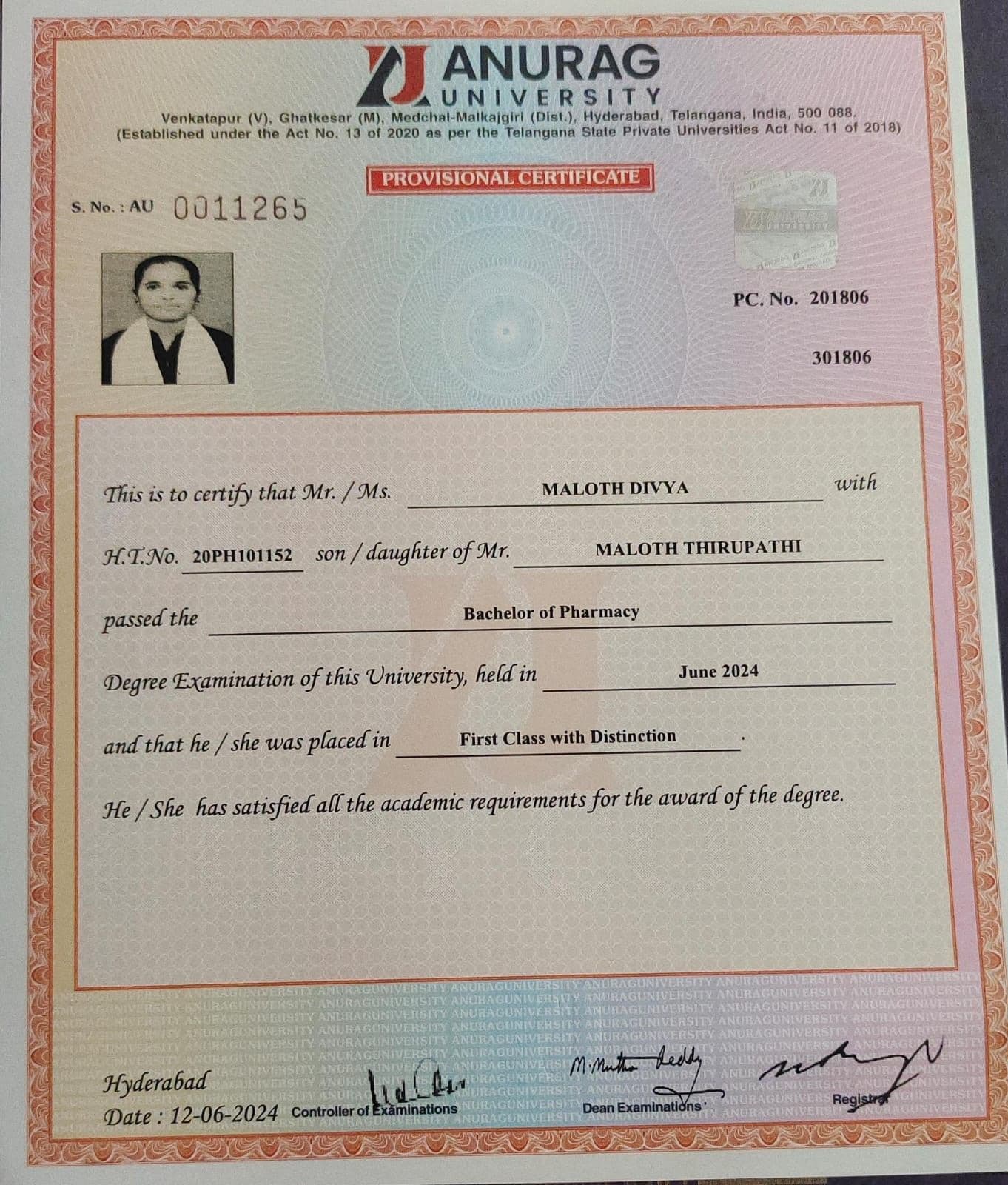 Divya graduated from Anurag university