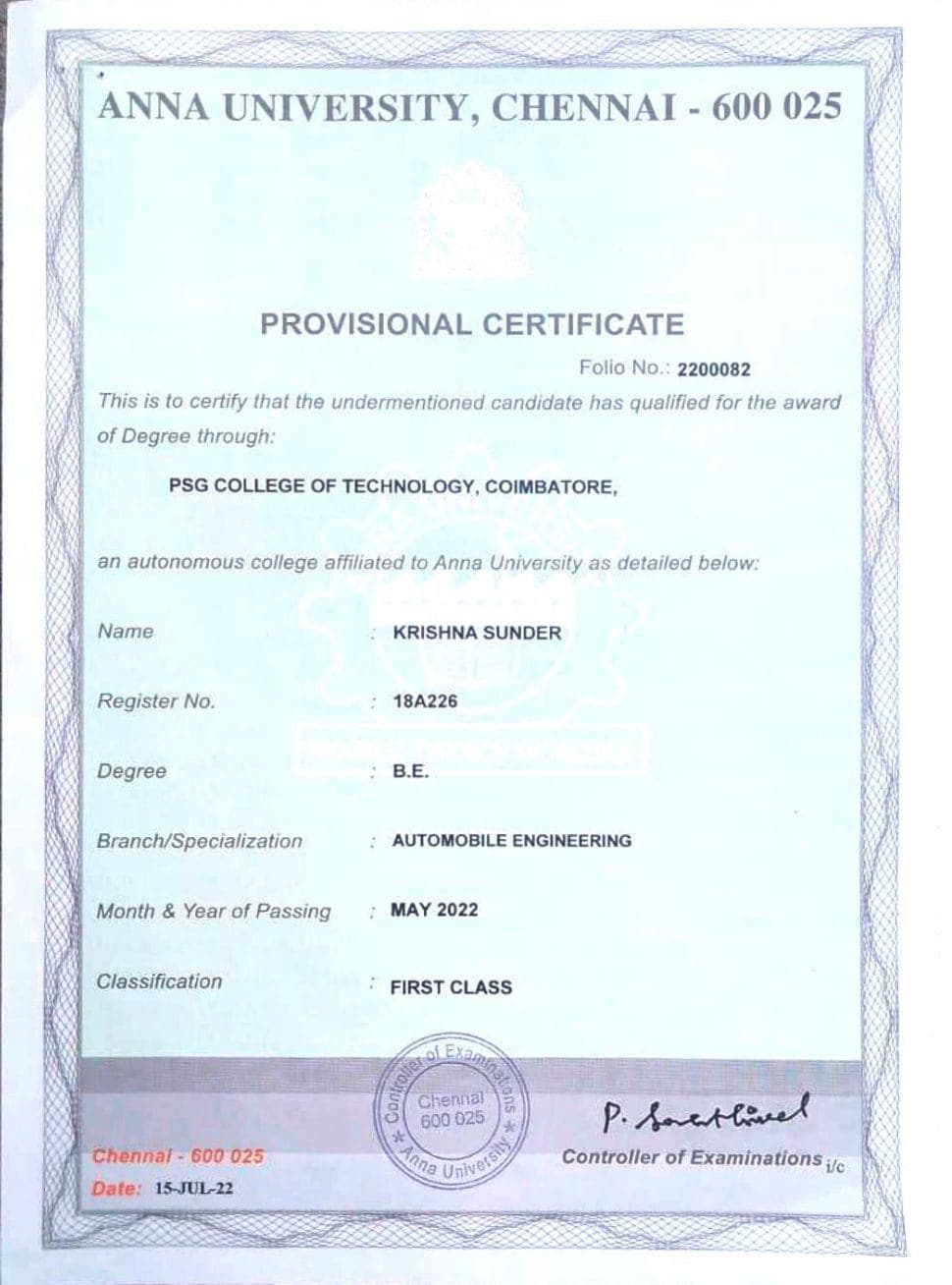 krishna graduated from Psg College of technology