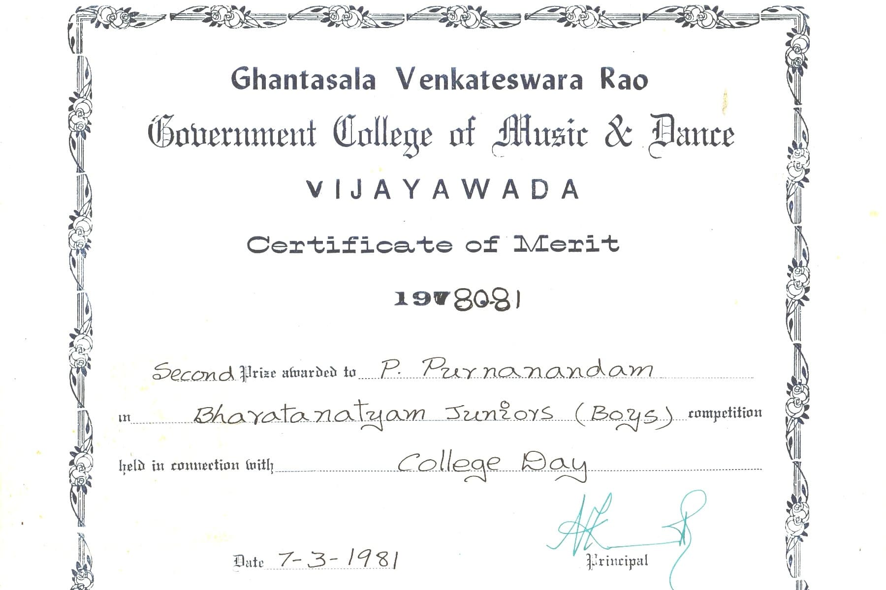 Purnanandam graduated from Ghantasala Venkateswara Rao Govt college of music and dance