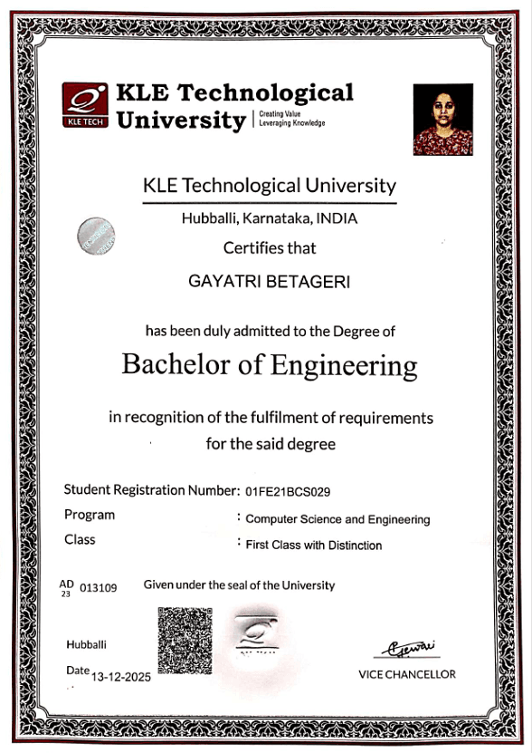 Gayatri graduated from KLE TECHNOLOGICAL UNIVERSITY HUBLI