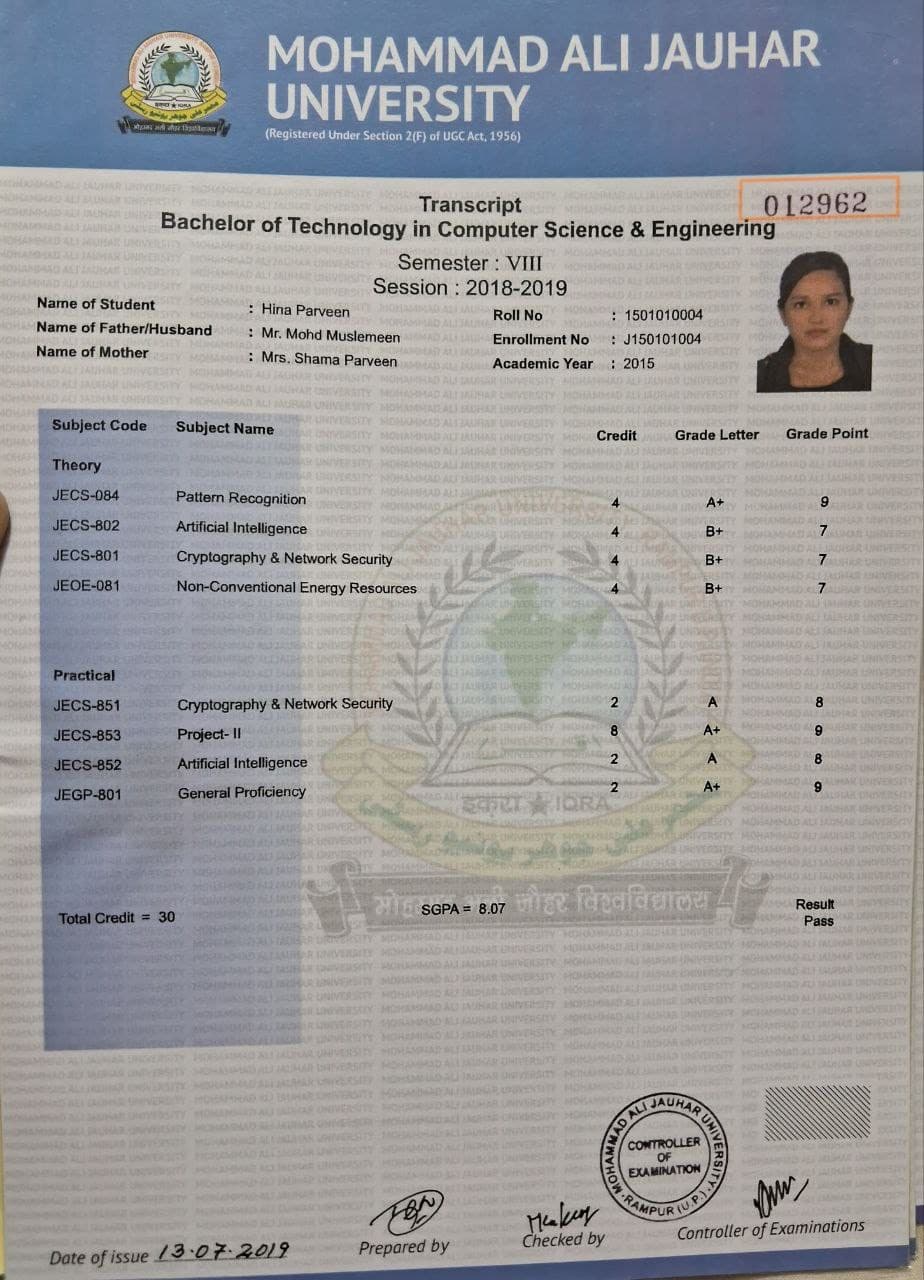 Verified degree or teaching certification of Hina