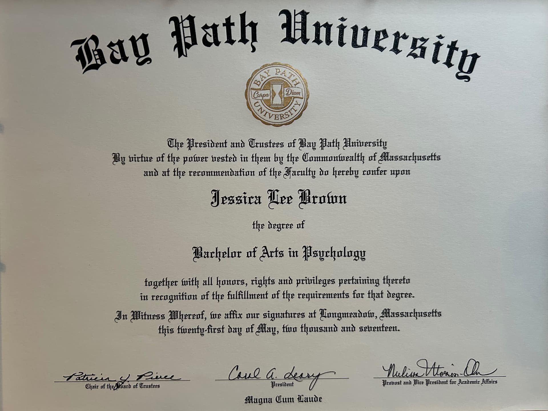 Jessica graduated from Bay Path University