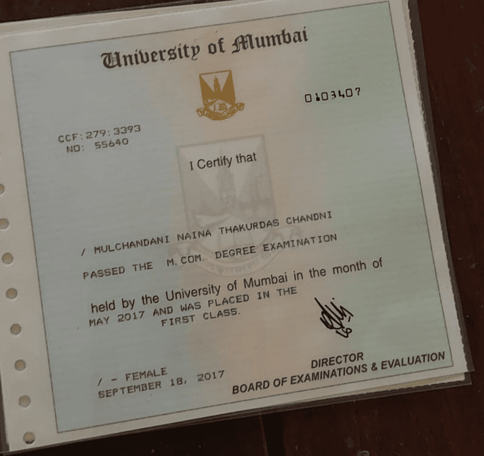 Naina graduated from Institute of Chartered Accountants of India