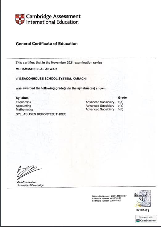Verified degree or teaching certification of Bilal