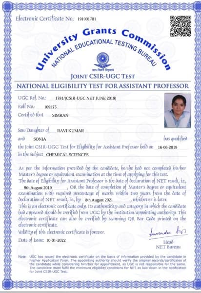 Verified degree or teaching certification of Simran