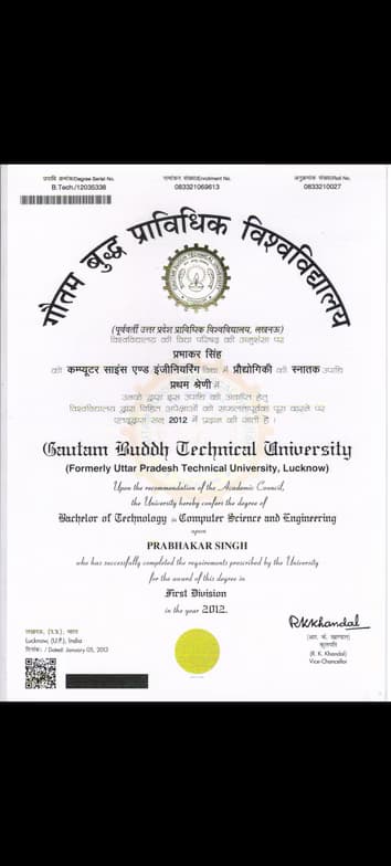 Verified degree or teaching certification of Prabhakar