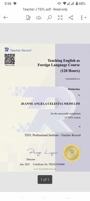 Verified degree or teaching certification of Jeanne Angela Celestia