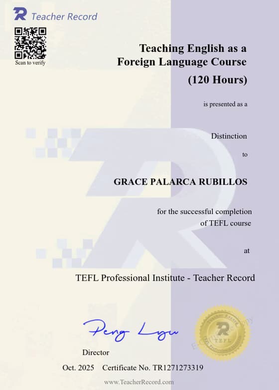 Verified degree or teaching certification of Grace
