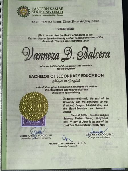 Verified degree or teaching certification of Vanneza