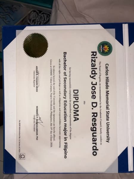 Verified degree or teaching certification of Rizaldy Jose